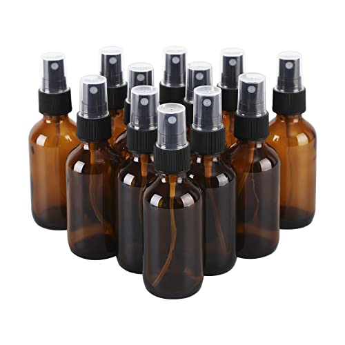 12-Pack 2oz Amber Glass Spray Bottles - Leak-Proof Travel Mist Sprayers