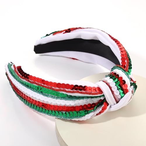 Christmas Sequin Headband for Women - Red, Green, White Holiday Top Knot Accessory