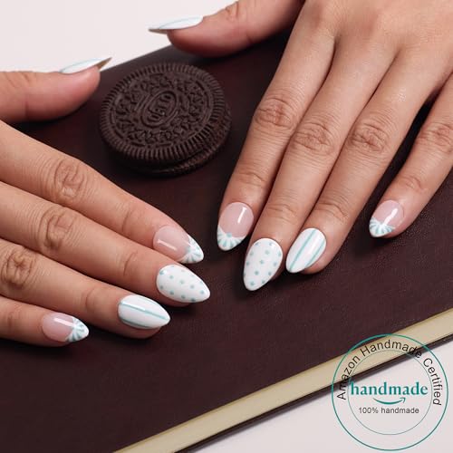 Polka Dot & Stripe French Short Almond Press On Nails MOKAYIMO 45-Day Wear Kit