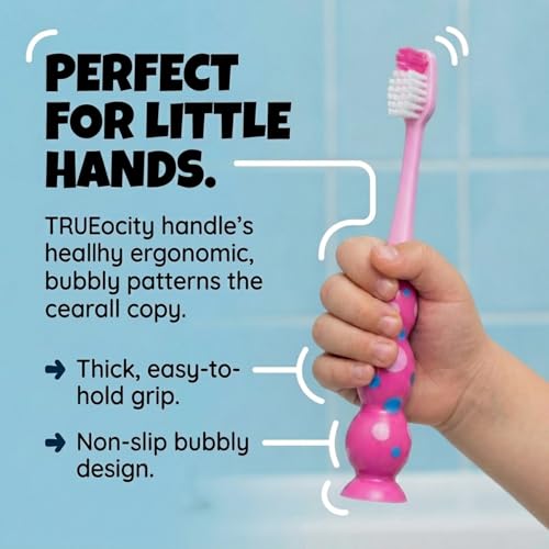 Trueocity Kids Toothbrush Set - 4 Pack with Suction Cups, Ages 3-10, Multi-Color
