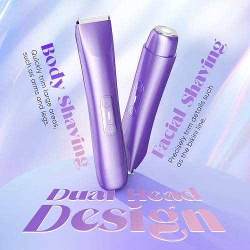 Bikini Trimmer for Women, 2 in 1 Dual Head Electric Razors, IPX7 Waterproof & Painless Shaver, Cordless Pubic Hair Trimmer for Leg Face Underarm Body Hair Removal, Purple