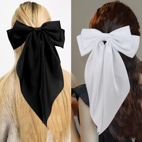 Velscrun Large Satin Hair Bows for Women - 3 Pcs Set (White, Pink, Black)
