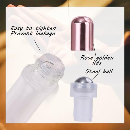 Clear Glass Essential Oil Roller Bottles 5ml Pack with Rose Gold Caps, Mini Refill Vials