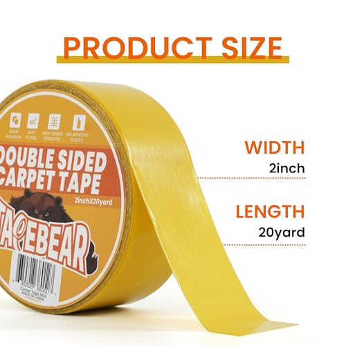 TAPEBEAR Double Sided Carpet Tape - 2 Inch x 20 Yards, Heavy Duty, Residue-Free Gripper for Rugs and Floors