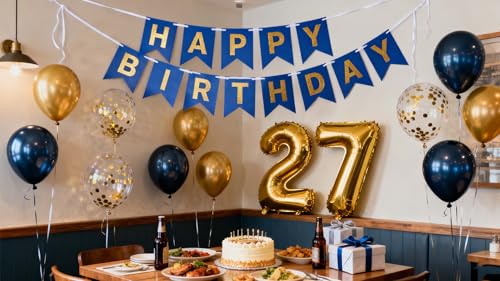 Navy Blue 27th Birthday Party Decorations with Balloons & Banner
