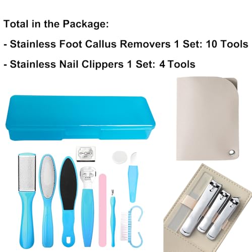 Stainless Steel Callus Remover and Nail Clippers Set - 14 PCS