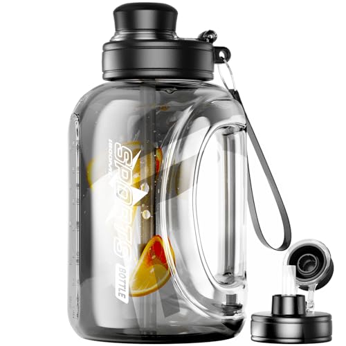 Doseno 60 oz Water Bottle with Straw, Handle & Strap - Black