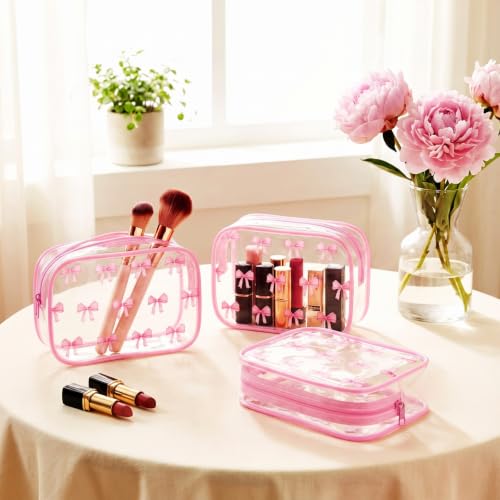 10-Piece Clear Pink Bow Makeup Bag Set - Waterproof Coquette Travel Pouch