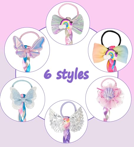 6 Pcs Rainbow Braided Hair Extensions for Girls - Colorful Ponytails with Bows