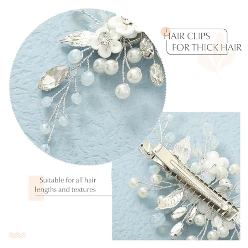 Latious Silver Flower Pearl Bridal Hair Clip with Rhinestones