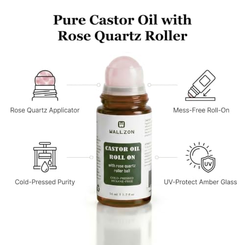 WALLZON Organic Cold-Pressed Castor Oil Roll-On with Rose Quartz Roller