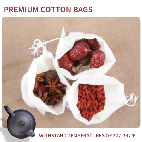 50pcs Reusable Muslin Spice Bags with Drawstring - 4x6 In Cotton Filter Bags for Tea, Coffee, Soup