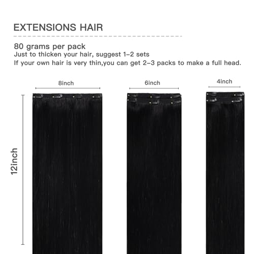 FUBILI Clip In Hair Extensions 12 Inch 80g 5pcs Natural Black Remy Hair