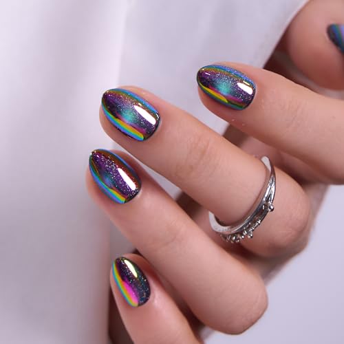 CurvLife Extra Short Almond Press-On Nails Neon Eclipse Cat Eye Soft Gel A2