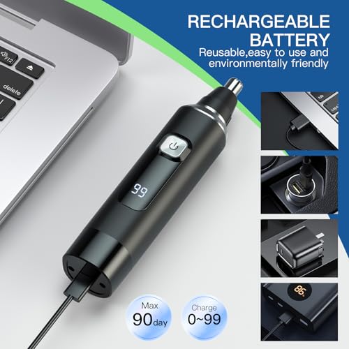 Ginity Nose Hair Trimmer for Men, 2-in-1 Rechargeable Ear and Nose Hair Trimmer with LED Display, IPX7 Waterproof Painless Precision Groomer, Type-C Charging, Professional Dual-Edge Blades£¨Black£©