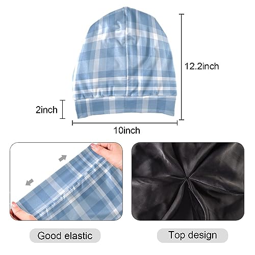 ElliTarr Satin Lined Sleep Bonnet for Curly Hair - Blue Plaid