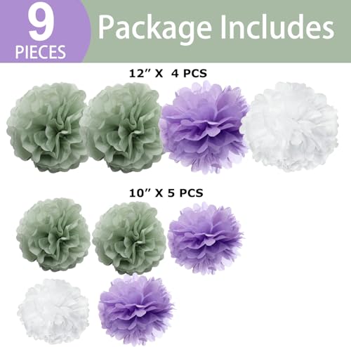 Sage Green & Lavender Tissue Paper Pom Poms - 9-Pack Party Decor