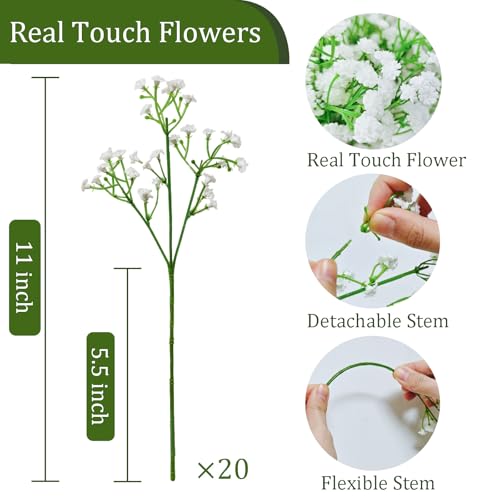 20 Pcs Real Touch Baby's Breath Artificial Flowers - White Faux Floral Arrangements for Weddings, Parties, Home Decor