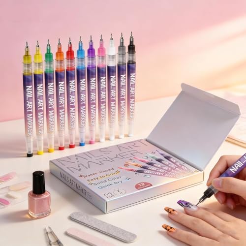 Kids Nail Art Pens Set - 12 Vibrant Colors, Fine Tip, Quick Dry & Waterproof