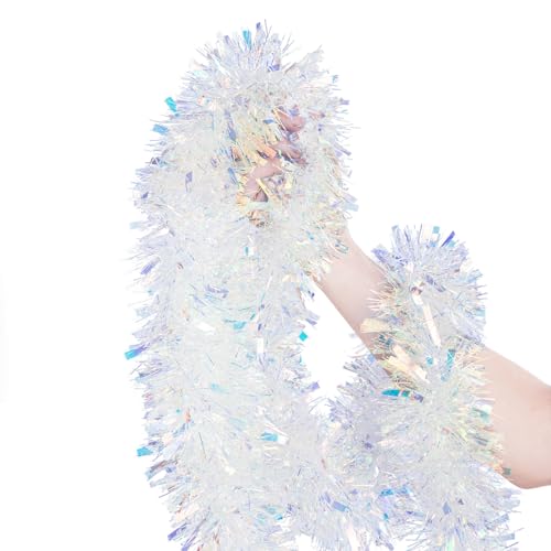 20FT Iridescent Christmas Tinsel Garland - Glittery Holiday Decoration