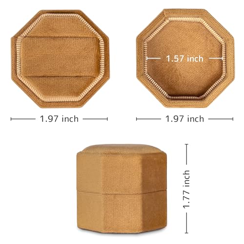 Octagonal Velvet Ring Box with 2 Slots - Bronze Travel Jewelry Case