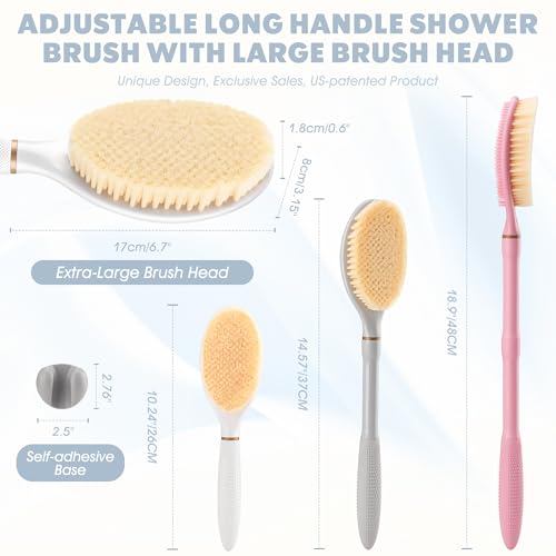 GEENOA Adjustable Back Scrubber Gray-Long Handle Anti-Slip Shower Brush