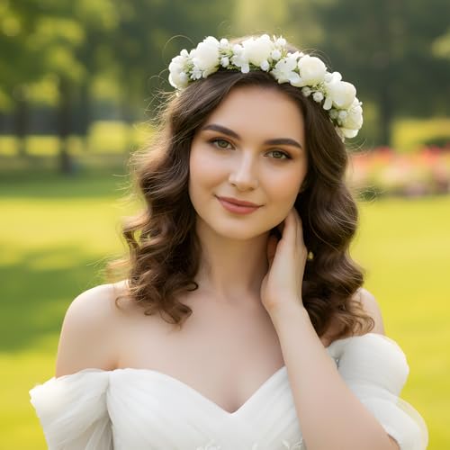 White Flower Crown Headband - Boho Rose Floral Hairpiece