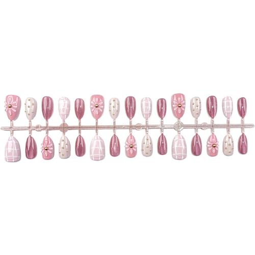 WFBBKP Flower Fake Nails - 30Pcs Short Almond 3D Flower Design with Gold Rhinestones, Pink Glitter, Full Cover, DIY Manicure (Variation 9)