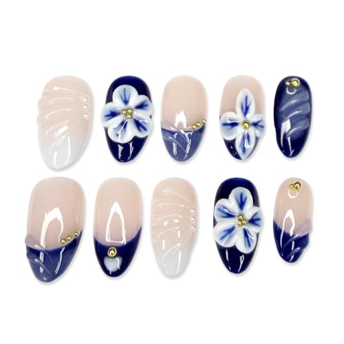 Handmade Short French Almond Press On Nails with 3D Flowers and Pearls