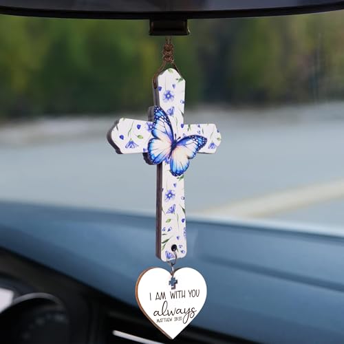 Christian Cross Car Mirror Charm with Blue Rose Butterfly