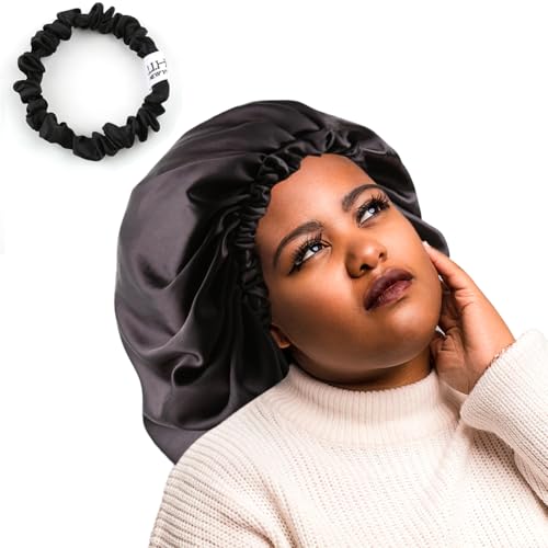 ELIHAIR XXL Black Satin Sleep Cap for Frizzy Hair - Reversible, Large Hair Bonnet