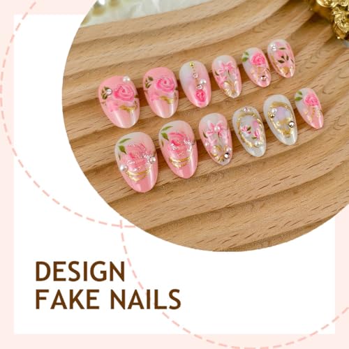 24Pcs Pink Almond Press On Nails with 3D Flower Design