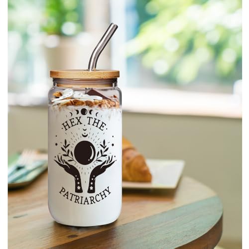 Hex the Patriarchy 16 oz Glass Cup with Lid & Straw - Feminist Gift