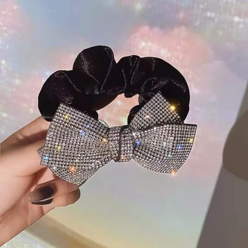 CJKDXDH 2 Pack Large Rhinestone Bow Scrunchies for Women Girls Black Shiny Crystal Hair Ties