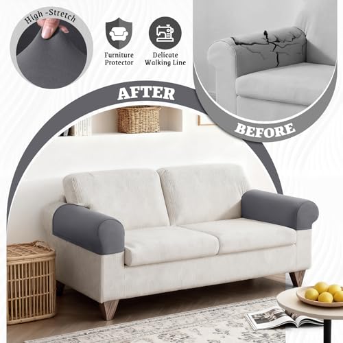 Stretch Light Grey Armrest Covers for Sectional Sofas - 2PC Set