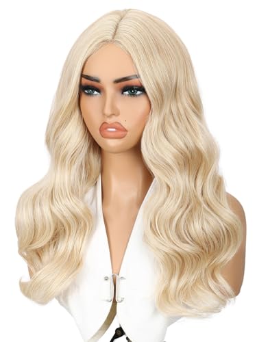 WIGER Long Blonde Wavy Curly Wig for Women - 20 Inch Middle Part, Heat-Resistant Synthetic Fiber