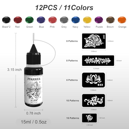 PFARRER 12-Bottle Temporary Tattoo Ink Kit with 49 Stencils