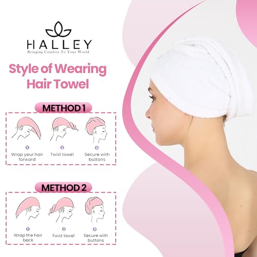 HALLEY Cotton Hair Towel Wrap - 3 Pack Super Absorbent Towels for Thick Hair (White)