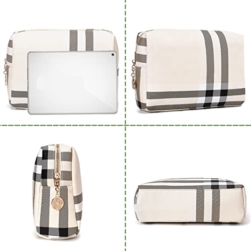 Jessyline Large Vegan Leather Makeup Bag - Travel Cosmetic Pouch (Beige)