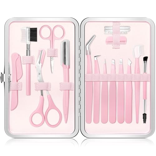 Eyebrow Kit, 17 in 1 Tweezers for Women Facial Hair, Hair Scissors with Comb, Eyebrow Trimmer, Brow Brushes, Hair Tools Travel Bag, Professional Grooming Tweezer Set