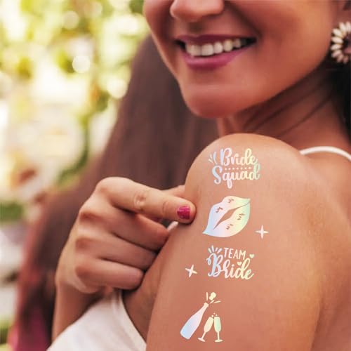 Bride Squad Iridescent Bachelorette Party Tattoos - 80+ Metallic Temporary Tattoos for Bride & Bridesmaids