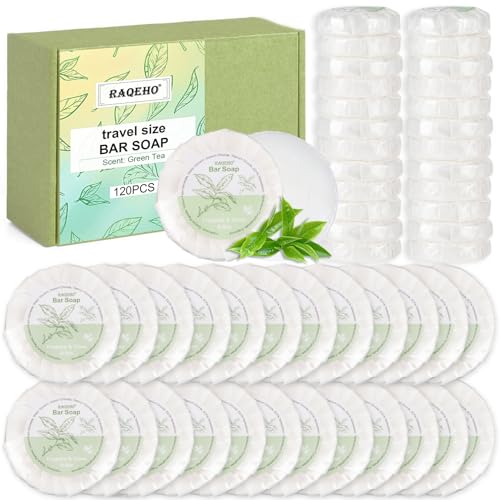RAQEHO Mini Bar Soap (0.5oz, Pack of 120) - Individually Wrapped Green Tea Soap for Travel & Hotel Use