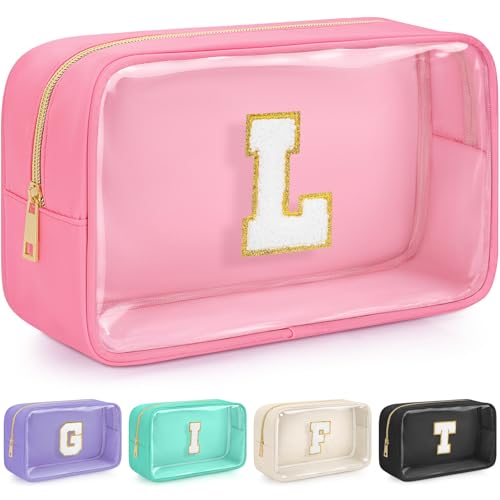 WELIDAY Pink L Initial Chenille Cosmetic Bag - Water-Resistant Travel Makeup Pouch