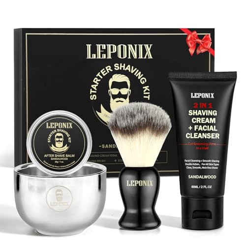 Shaving Kit, TSA Approved Travel Size Grooming Set - 60ml 2-in-1 Facial Cleanser & Shaving Cream, Shaving Brush and Bowl & 30g Solid Aftershave Balm, Gift Set for Men Boyfriend Stocking Stuffers