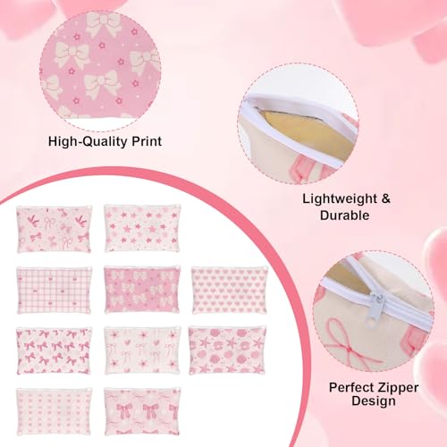 10-Pack Pink Bow Makeup Bags - Durable Canvas Cosmetic Pouches for Gifts