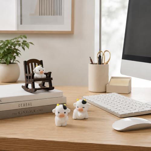 Mini Cow Figurines with Wooden Rocking Chair Desk Decoration