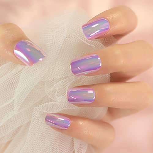 Purple Metallic Mirror Press On Nails - 24 Pcs Reusable False Nails