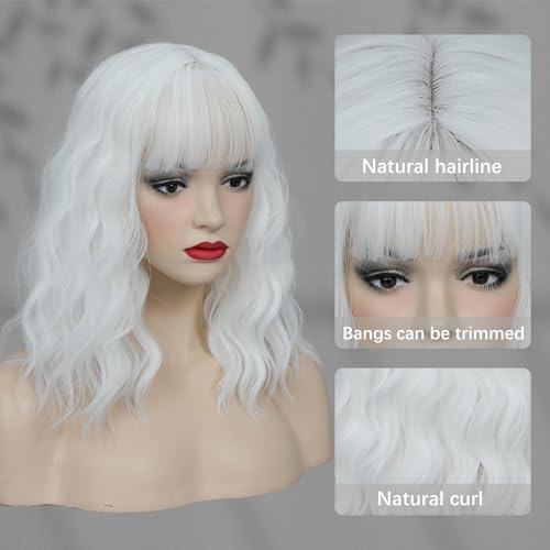 CLIONE White Short Wavy Bob Wig with Bangs for Women & Cosplay - 14 Inch Synthetic Wig
