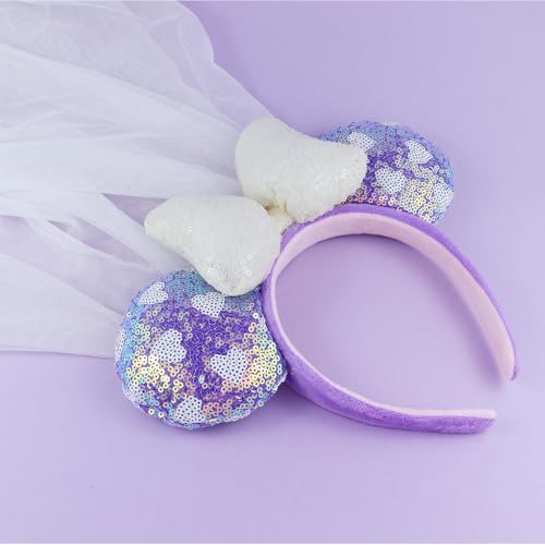 3D Purple Heart Bridal Mouse Ear Headband with Veil - LIHELEI