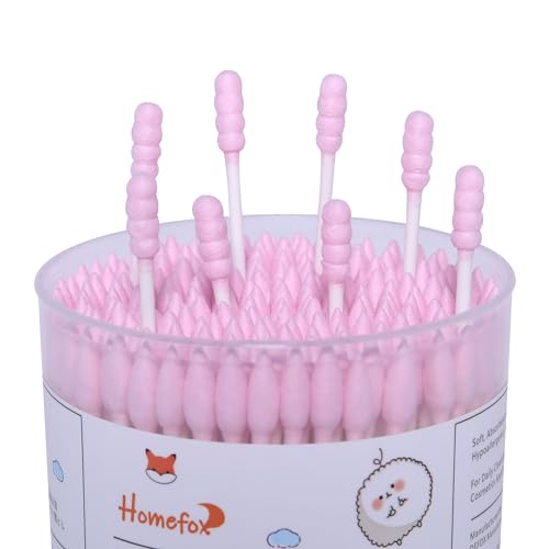 HOMEFOX Pink Organic Cotton Swabs - 200 Count Spiral Tips